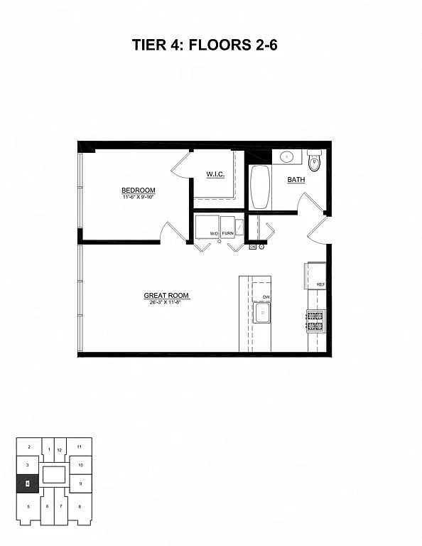 Floor plan 1 Bedroom - 1 Bathroom Tier 04