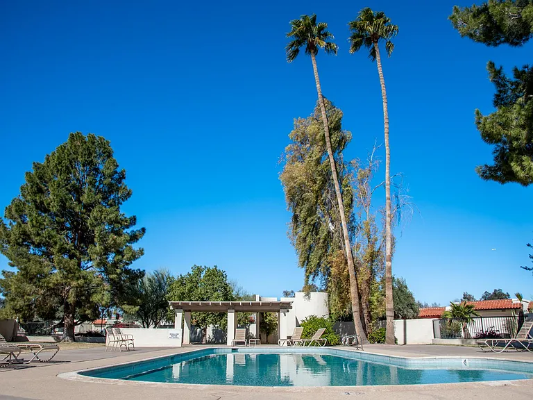 Pool and ramada across street from house