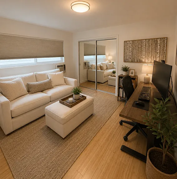 2nd bedroom as an office easily accommodates a large couch and desk