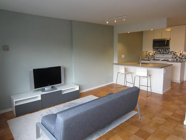 Living area with extra sofa bed for guests, flat-screen TV and stand