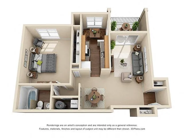 Floor plan 1 Bed, 1 Bath (Oak)