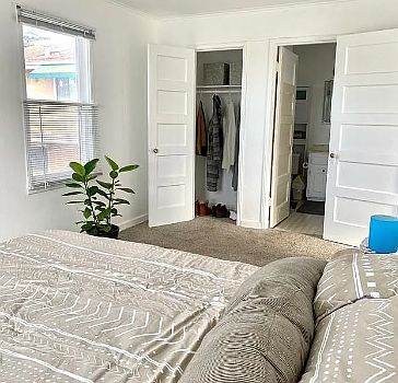 Bedroom closet and bathroom.