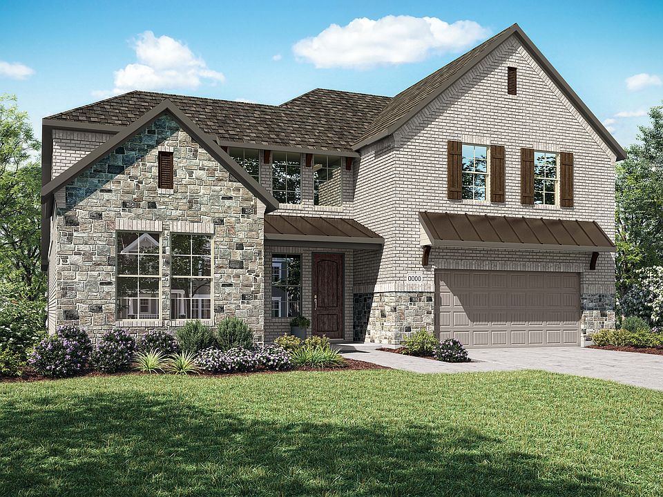 A two-story residential house with a stone and siding exterior, surrounded by a well-manicured lawn