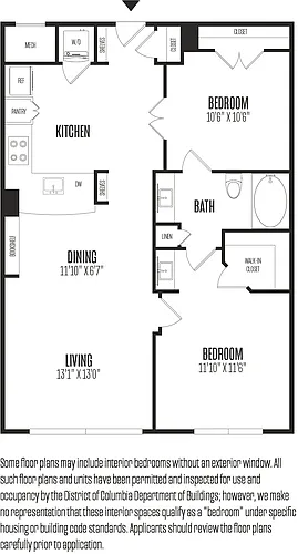 Floor plan 2 Bed/1 Bath-2B