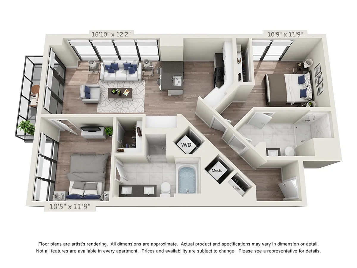 Floor plan Two Bedroom Two Bath (1,044 SF)