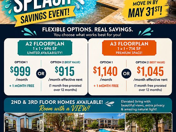 Summer Splash Savings flyer highlighting limited-time pricing options and move-in specials at Vail Village