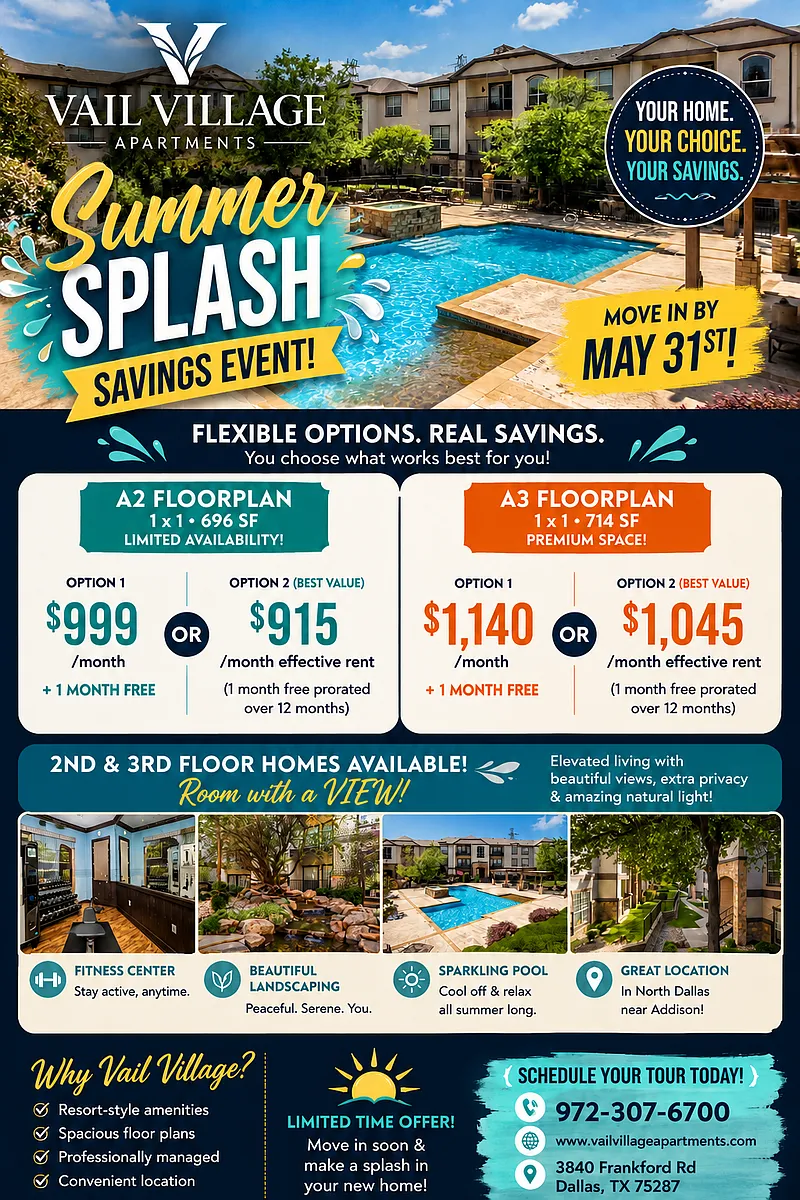 Summer Splash Savings flyer highlighting limited-time pricing options and move-in specials at Vail Village - Vail Village