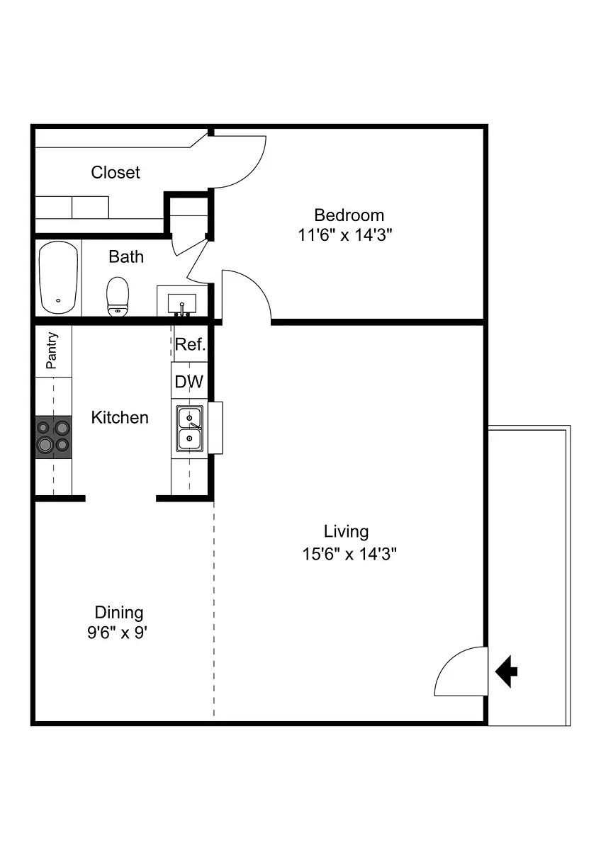Floor plan 1br1ba 753Sq.Ft.