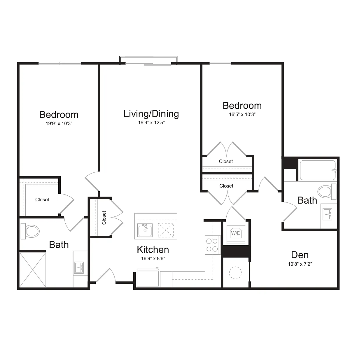 Floor plan Two Bedroom/Two Bath (2K-J-A) Den
