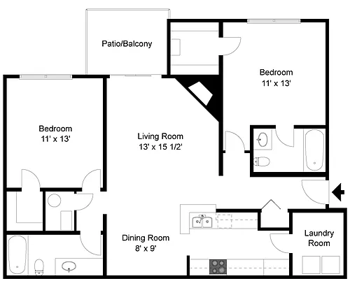 Floor plan 2 Bedroom 2 Bath Roommate