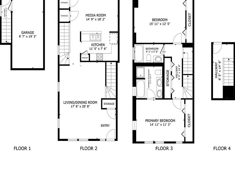 4 Floors 1,600 sqft Multi-Level Layout | Garage, Living, Bedrooms on Separate Floors