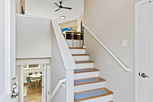 View from entrance: upstairs is main living space, downstairs is 1 BD/1BA MIL unit with separate entrance. Can be combined, inquire for more info
