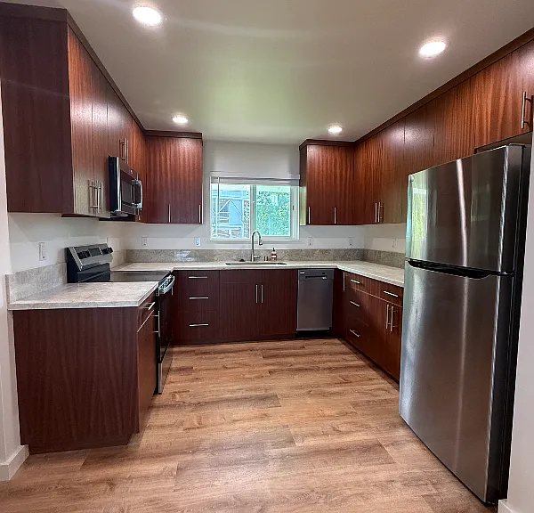 Full kitchen with quartzite counters and new stainless steel appliances, including a dishwasher