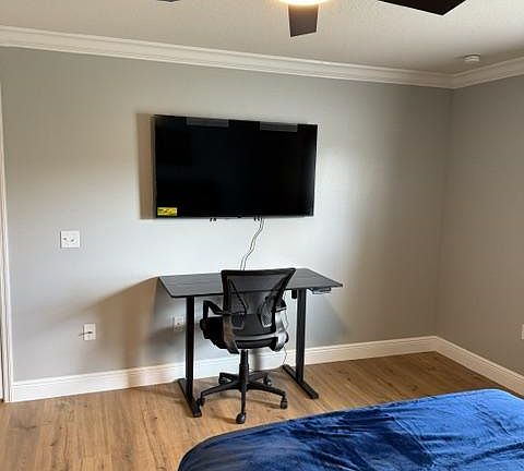 Electric standing desk with ergonomic chair and 55" smart TV