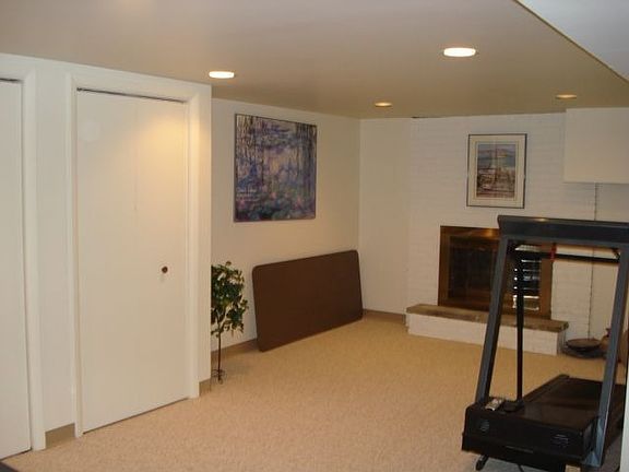 Partially finished basement with fireplace