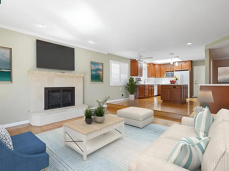 Family room, fireplace, kitchen