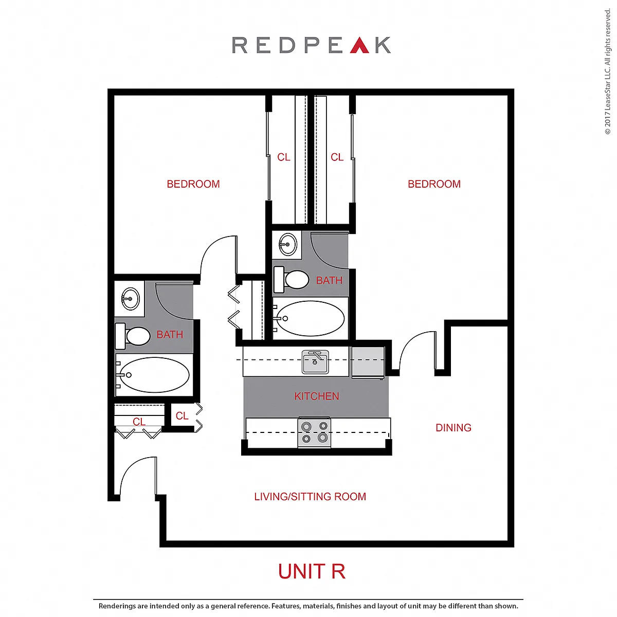 Floor plan B3 - 2 Bed / 2 Bath (905 sf)