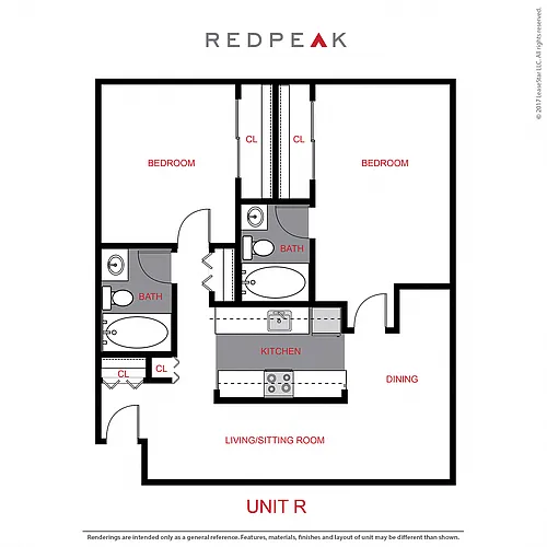 Floor plan B3 - 2 Bed / 2 Bath (905 sf)