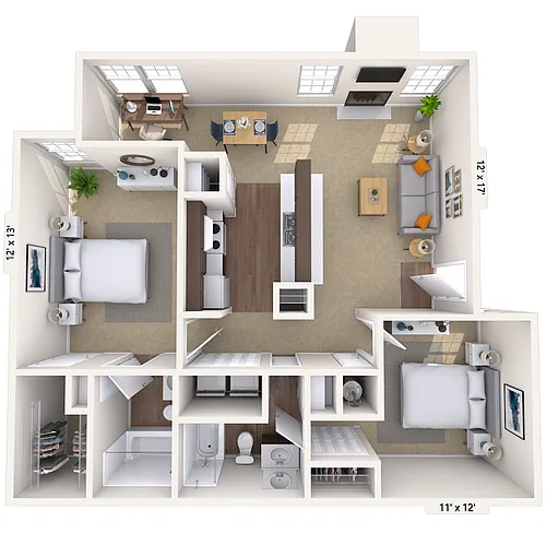 Floor plan 2BR 2BA (1000 SF)