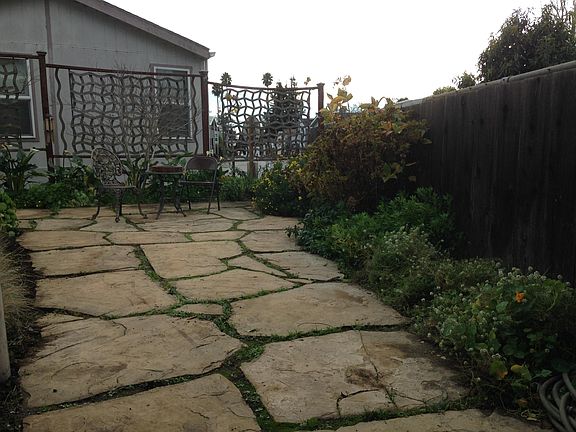 Stone patio, lush plantings