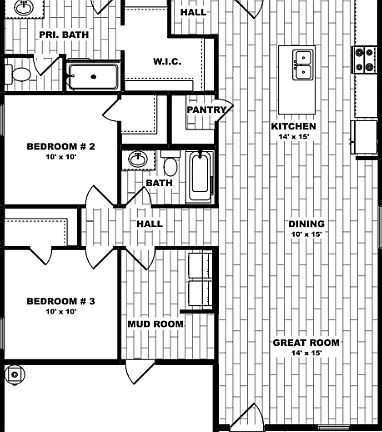 Black and white floor plan for a single-story home with three bedrooms, two bathrooms, a kitchen, di
