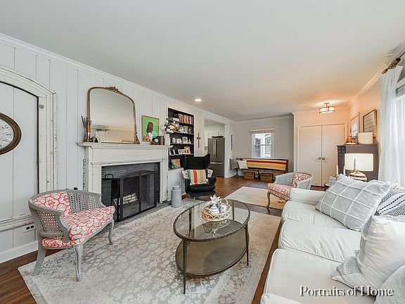 Cozy fireplace warms the room.