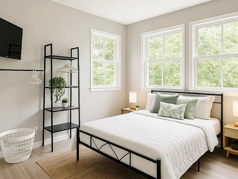 Fresh, welcoming private room with TV, workspace touches, and hotel-like comfort.