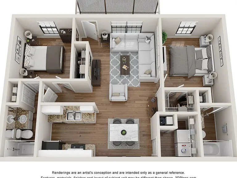 A 3D floor plan rendering of The Chateau floor plan, a two-bedroom, two-bathroom apartment.