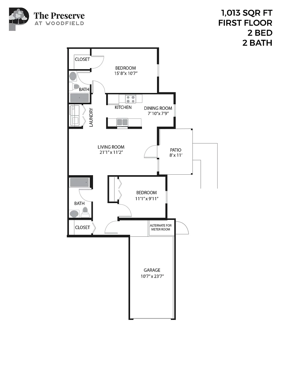 Floor plan 2 Bedroom 2 Bath (1013 Sq. Ft.)