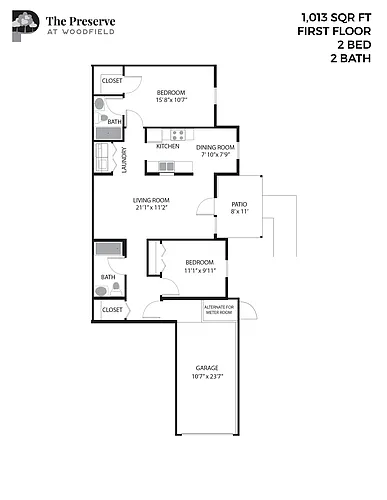 Floor plan 2 Bedroom 2 Bath (1013 Sq. Ft.)