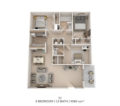 Floor plan Three Bed 1.5 Bath - 1090 Sqft