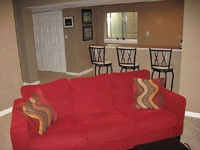 finished basement with media room and bar