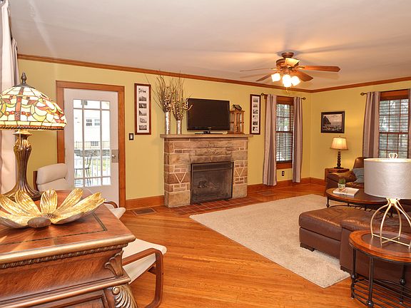 Stone fireplace.