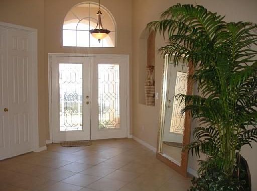 Exquisite light and bright entry see through to living room and tropical pool