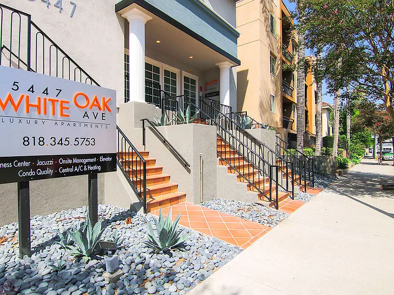 Entrance to Chateau Encino including drought tolerant landscaping.