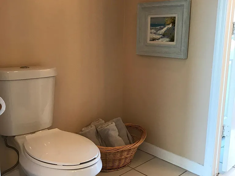 Upper level bath and shower room shared by bedrooms.