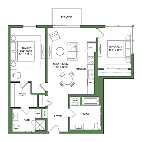 Floor plan 2 Bed, 2 Bath, - Apt D (ADA)