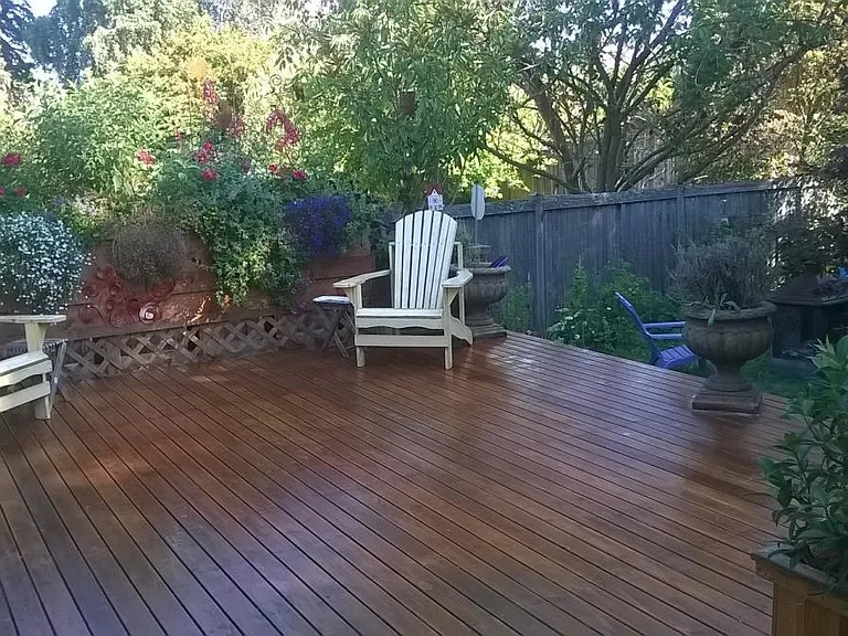 Back deck and yard - fully fenced backyard is quiet and private