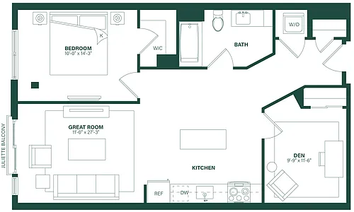 Floor plan 1 Bed/1.5 Bath Den-1N
