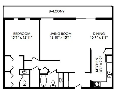 Floor plan One Bedroom 1 Bed 1.5 Bath