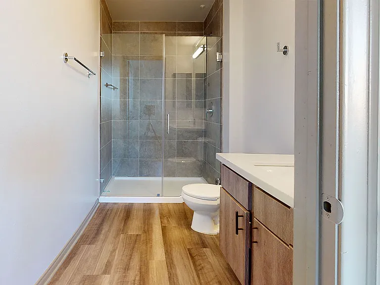 Bathroom with glass-enclosed shower and wood-style flooring.