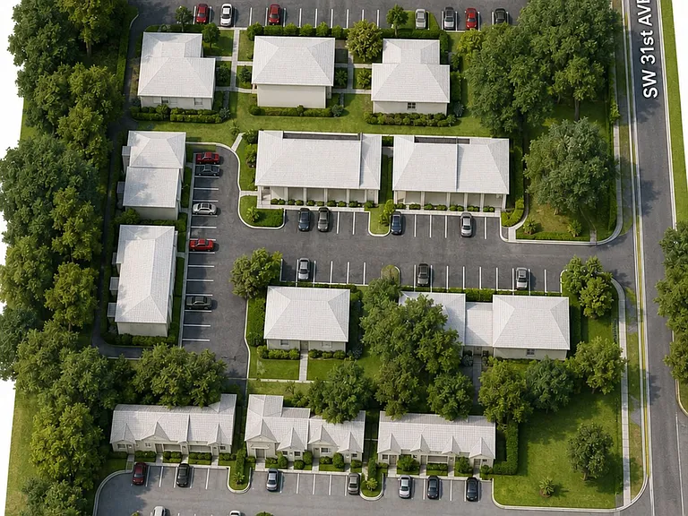 Charming residential community layout with modern houses, ample parking, and lush greenery, promising a serene suburban lifestyle.