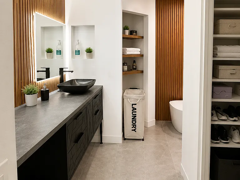 Full flowing Master Bath with 2 storage niche's built in to both sides of the wall for storage, as well as a make up vanity.