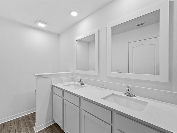 The master bathroom has a spacious double sink vanity