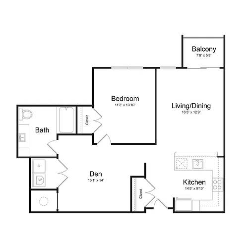 Floor plan One Bedroom/One Bath (1N-B) Den and Balcony
