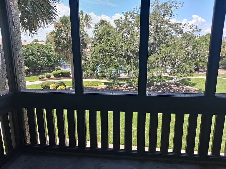View from screened porch overlooking pool area.