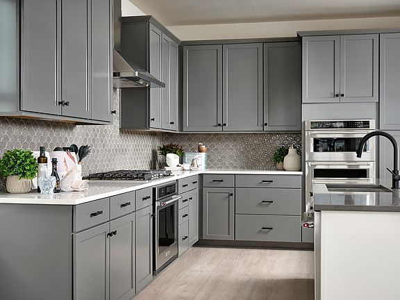 A modern, well-equipped kitchen with gray cabinets, stainless steel appliances, and a tiled backspla