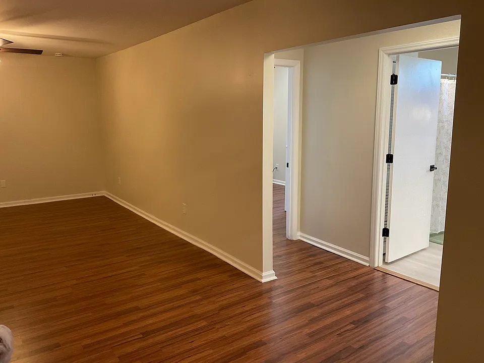 Looking into hall, bathroom (right), bedroom 2 from main room