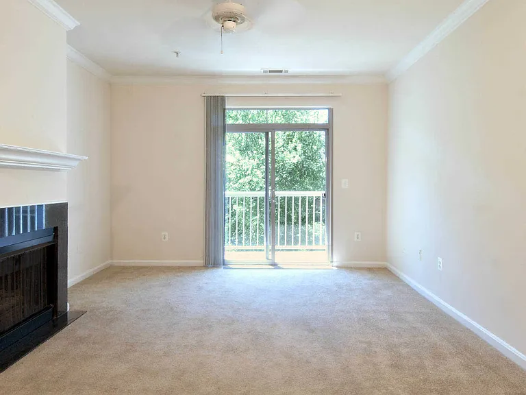 Carpeted Living Room with Gas Fireplace and Balcony