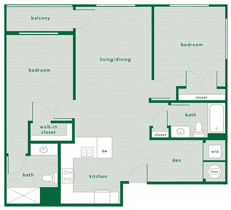 Floor plan 2 Bed 2 Bath with Den - 1,064 Sq. Ft